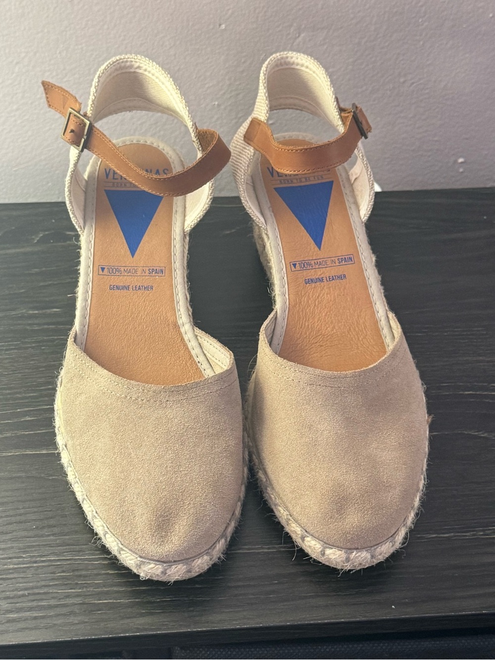 Women's Suede Espadrille Wedge Sandals with Tan Ankle Strap